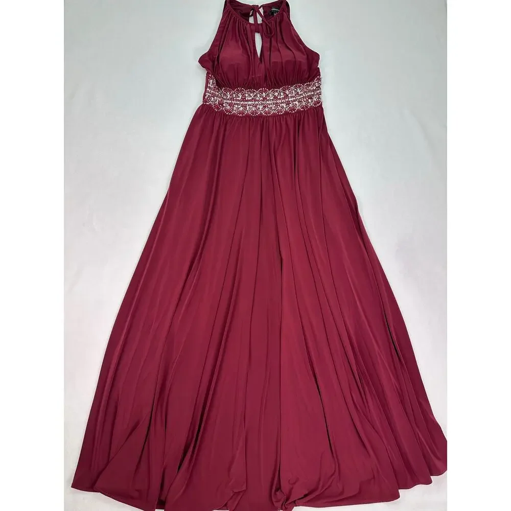 R&M Richards Wine Beaded Halter Evening Gown Keyhole Neck Maxi Dress Size 8 - Picture 8 of 15